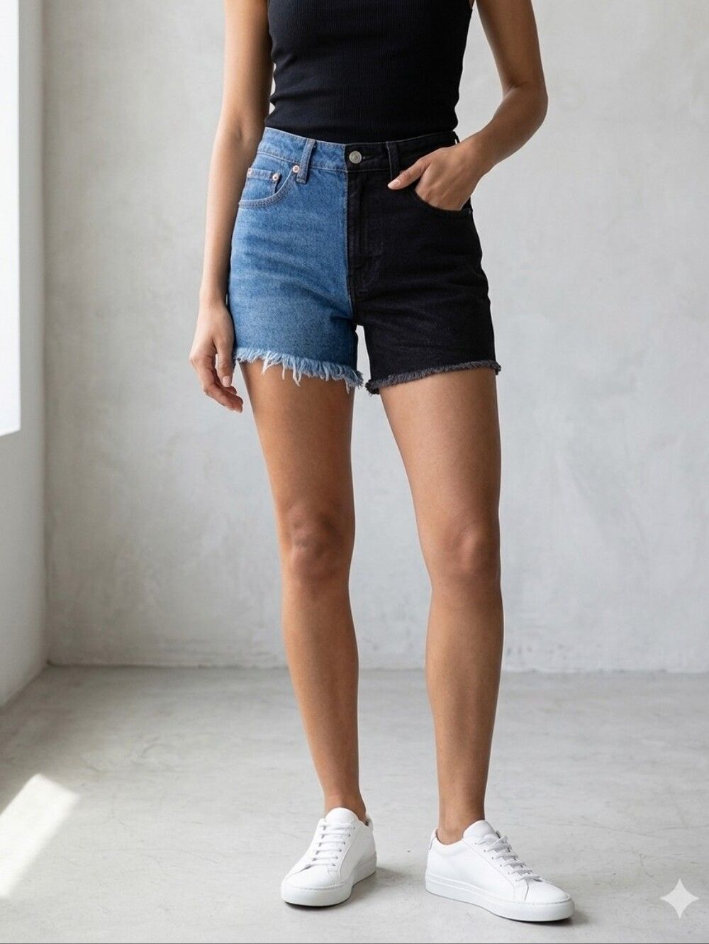 Almost Famous Two-Tone High-Rise Denim Shorts in Blue & Black